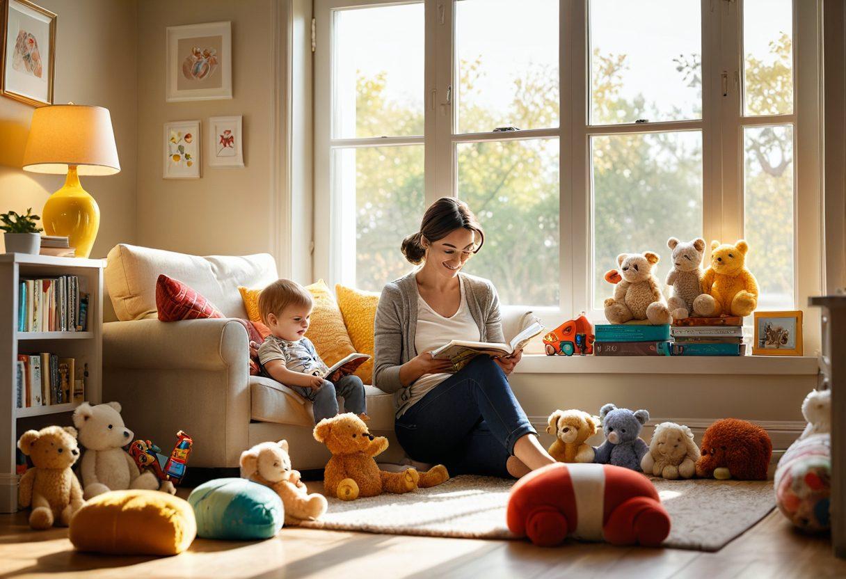 A warm and nurturing scene featuring a mother engaging with her toddler in a cozy living room filled with colorful toys and books. Show the mother reading a story, with soft sunlight streaming through a window, illuminating their joyful expressions. The atmosphere should depict love, growth, and support, symbolizing the journey from infancy to toddlerhood. Include playful elements like a crawling baby and scattered stuffed animals in the background. super-realistic. vibrant colors.