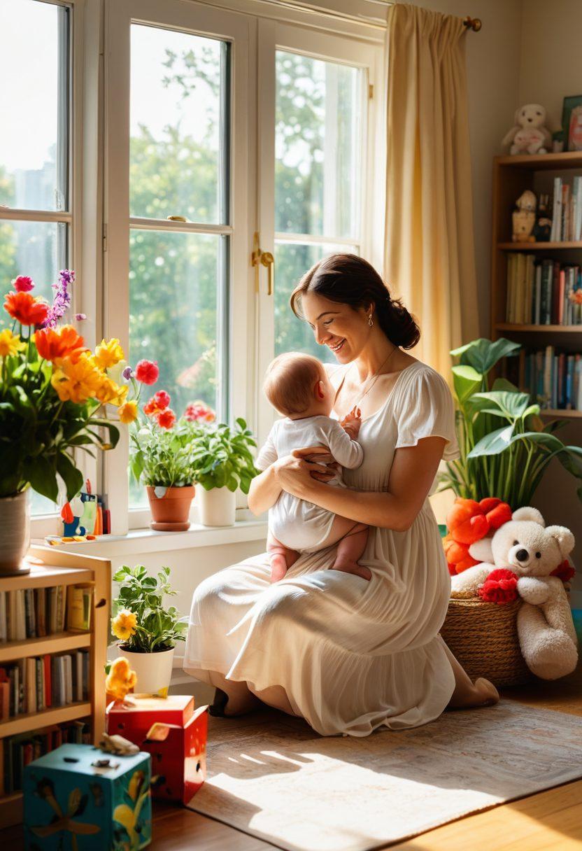 A cozy, nurturing scene of a mother embracing her child in a sunlit room filled with colorful toys and books, showcasing various stages of child development: a baby, a toddler, and a school-aged child playing together. The background should depict a lush garden outside the window, symbolizing growth and nurturing, with warm, inviting colors. The mother wears a gentle smile, radiating love and care. vibrant colors. super-realistic.