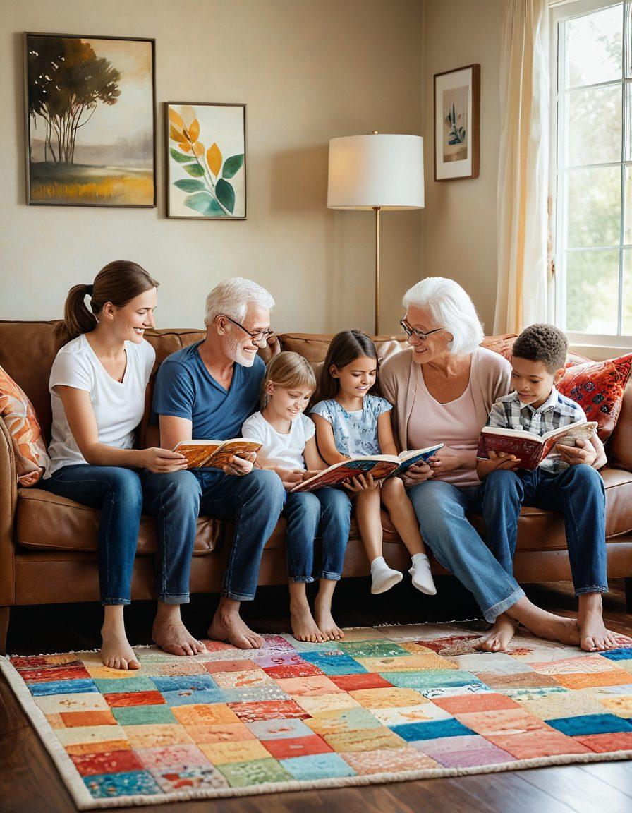 A warm and inviting scene of a multi-generational family interacting together in a cozy living room; children playing with colorful blocks, parents reading books, and grandparents sharing stories. The atmosphere radiates love and support, with family photos and supportive quotes on the walls, symbolizing growth. Soft natural light filters through the window, creating a peaceful ambiance. painting. vibrant colors. soft focus.